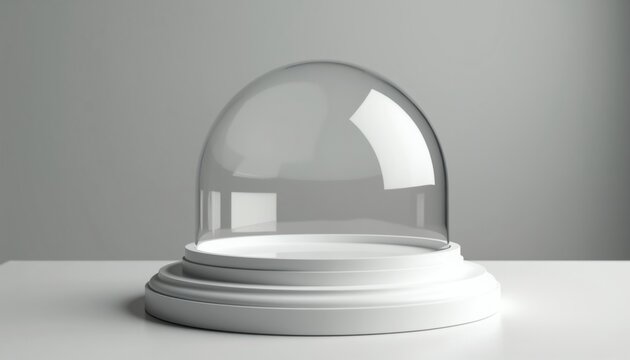 Clear glass dome sits on white pedestal. Empty base offers display space. Minimalist design suits product showcase. Clean background, neutral tones.