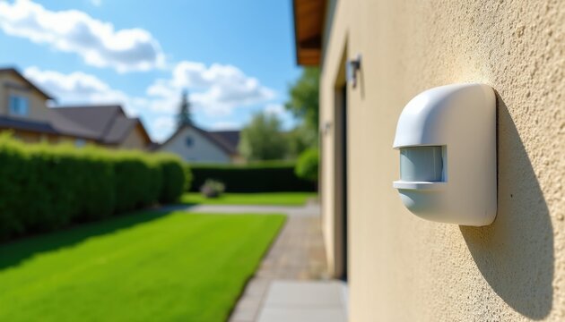 White motion sensor on yellow house wall. Yard has green grass and trimmed hedge. Houses and blue sky in background. Security device installed.