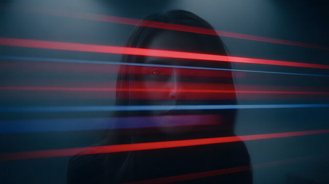 Portrait of a woman with red and blue light trails, mysterious female face in dark foggy background, long exposure light painting, neon motion blur, futuristic cyberpunk aesthetic style.