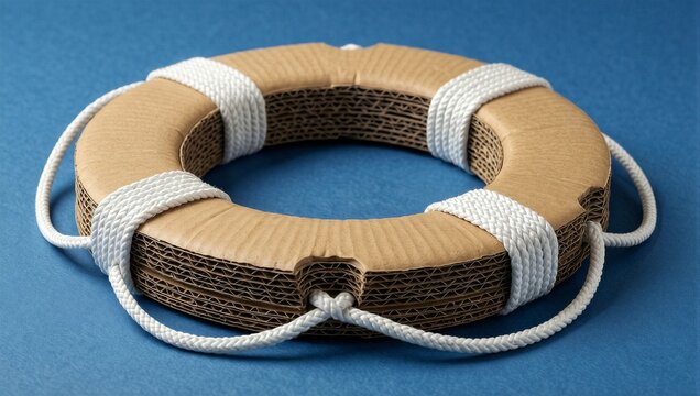 Cardboard lifebuoy with white rope on blue background representing fragile rescue and unstable safety net concept