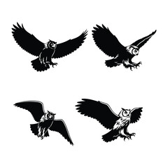 Obraz premium Great horned owl silhouette icon set, minimalist black bird vector illustration, flying owl with wings spread isolated on white, nocturnal predator logo design and wildlife branding elements.
