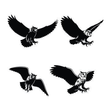 Great horned owl silhouette icon set, minimalist black bird vector illustration, flying owl with wings spread isolated on white, nocturnal predator logo design and wildlife branding elements.