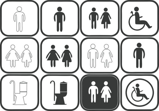 Public Restroom Icons Set &ndash; Toilet, Shower, Wheelchair, Baby, Trash Symbols Vector