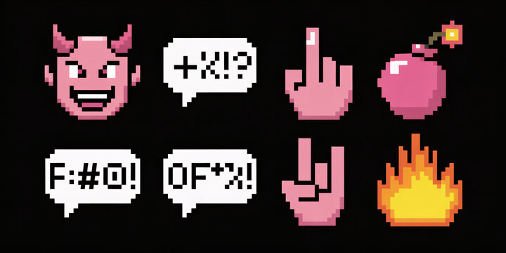 A pixel art illustration of various emoticon faces and symbols on a black background