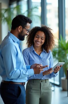 Man, woman collaborate using digital tablet in modern office space. Coworkers discuss project plan, sharing ideas, looking at screen. Diverse team enjoys work together, happy interaction, positive
