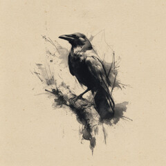 Obraz premium Artistic Charcoal and Ink Sketch of a Raven Perched on a Tree Branch, Gothic Style Crow Illustration with Watercolor Splashes on Vintage Kraft Paper Texture, Moody Wildlife Bird Concept Artwork