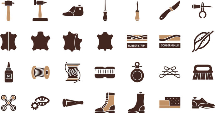 Collection of tools and items related to shoemaking and leather crafting Vector