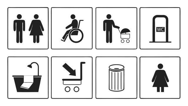 Public Restroom Icons Set &ndash; Toilet, Shower, Wheelchair, Baby, Trash Symbols Vector