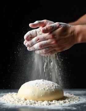 Baker hands sift flour over dough ball on table. Process of preparing raw bread mixture for baking. Close up of culinary preparation in dark studio setting.