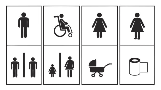 Public Restroom Icons Set &ndash; Toilet, Shower, Wheelchair, Baby, Trash Symbols Vector