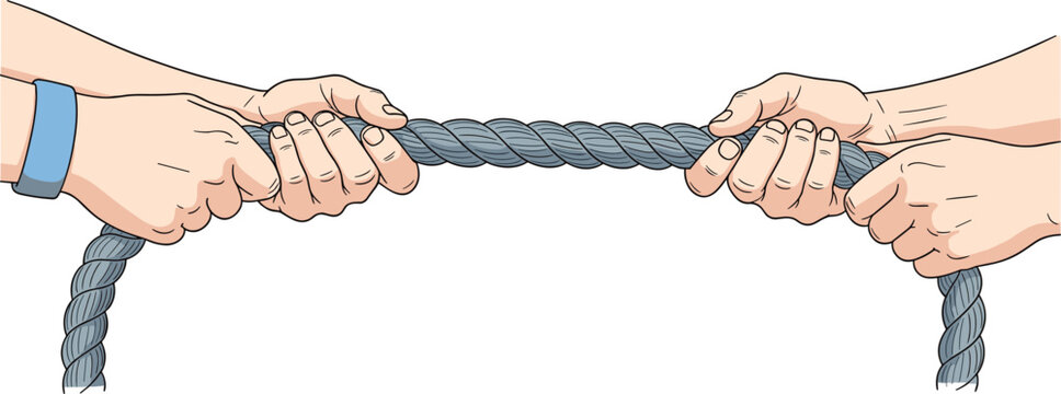 Hands pulling rope in tug of war concept, competition, teamwork and conflict symbol, strength and struggle illustration isolated vector design element