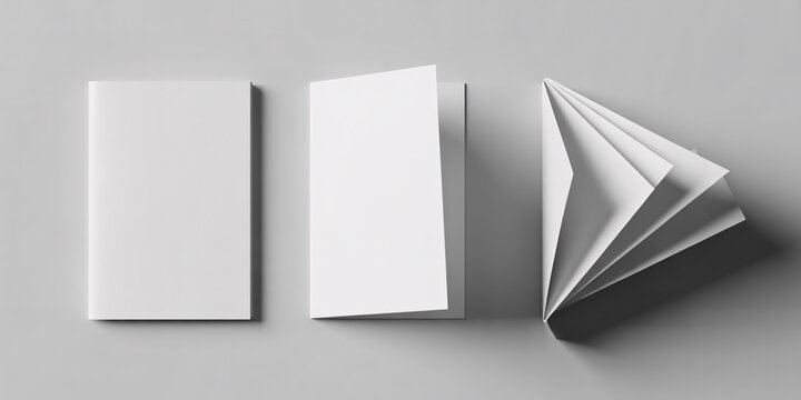 A set of blank white brochures on a gray background for marketing and advertising purposes