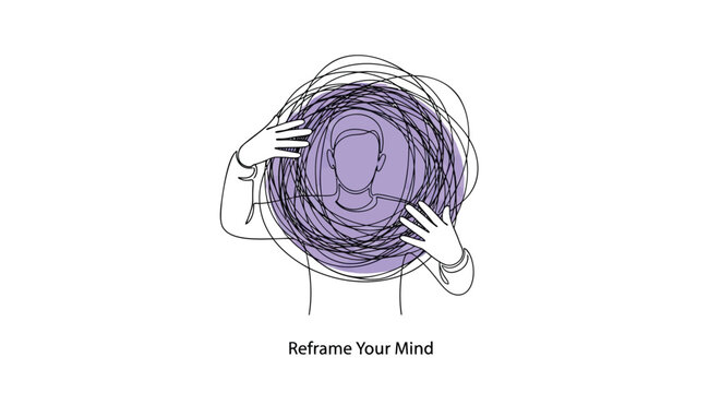 Mental health concept, mindfulness illustration, brain reframing, purple swirl design