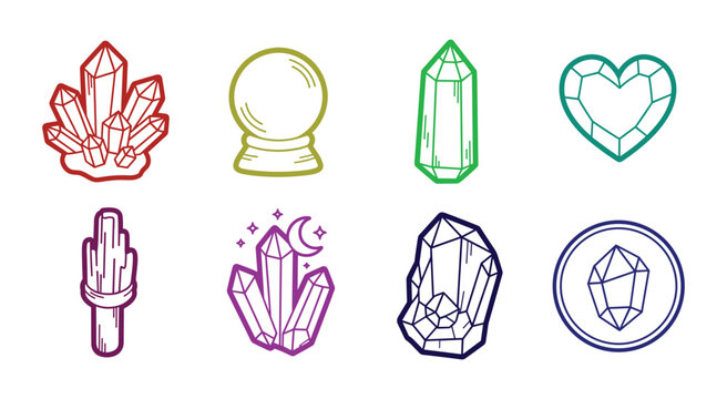 Set of 8 Crystal and Gemstone Outline Icons Including Quartz Diamond and Magic Crystal Ball Isolated on White Background