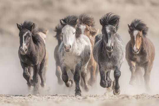 Cinematic drone-style aerial view of young hoeses and ponies up to six years old running freely across a sandy field, crossing paths dynamically outdoors in natural light.