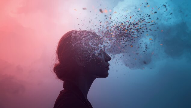 Abstract concept of mental health, stress, or memory loss with a dissolving head against a gradient sky