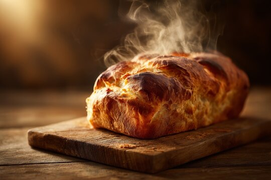 Freshly baked bread on a wooden board, golden brown crust, steaming, ready to serve,  appetizing food.