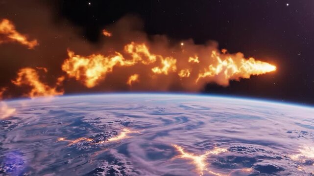 Spacecraft reentry or rocket launch with massive fiery exhaust over earth
