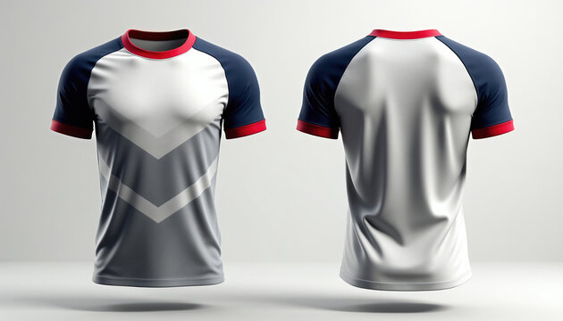 Front, back view of sports jersey. This athletic shirt displays modern grey, white design with navy blue raglan sleeves, red trim. Ideal for team uniform mockups or sublimation printing concepts.