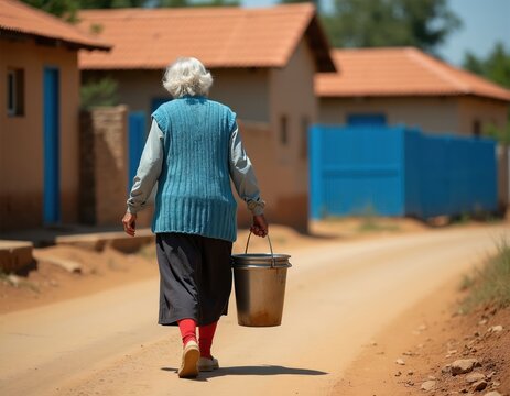 Elderly woman carries metal bucket on dirt road in rural village. She walks away from camera towards simple homes under sunny sky. Daily life, water access issues.