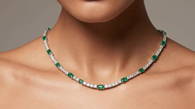 Woman wearing a stunning diamond and emerald necklace with a soft smile and shoulders visible