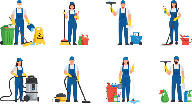 Professional cleaning service workers set with janitors mopping, vacuuming, window washing and sanitation tasks, housekeeping staff characters in flat vector illustration collection