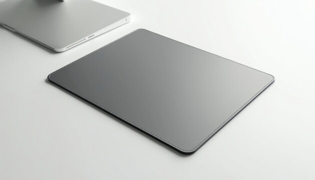 Plain gray mouse pad with rounded corners lies on white desk next to silver laptop. Minimalist workspace essential for computer use and gaming setup.
