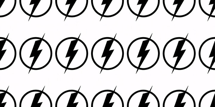 A seamless pattern of black lightning bolts in circles on a white background