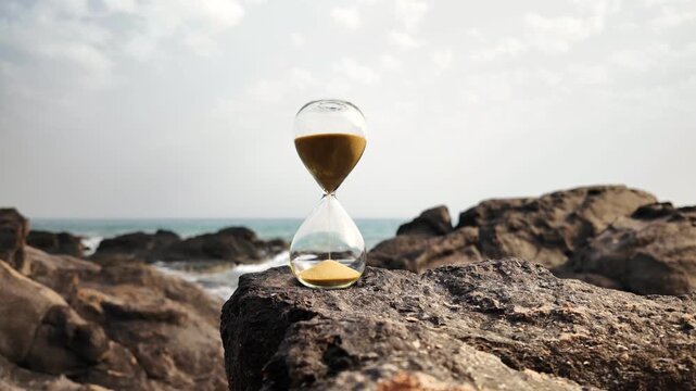 Conceptual video showing an hourglass with sand running out on a rocky coast, representing the urgent need for action against climate change, rising sea levels and global warming