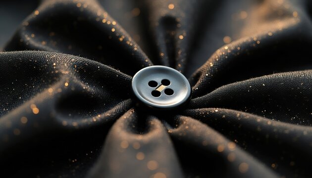 Close-up of black fabric with gold glitter and a single dark button. Fabric has soft folds and texture. Shiny material catches light and sparkles. Elegant background element.