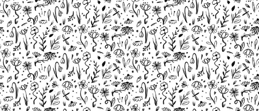 Ditsy floral seamless pattern with monochrome hand drawn doodle summer garden flowers and branches in crayon style. Playful millefleurs print for children Vector illustration on transparent background