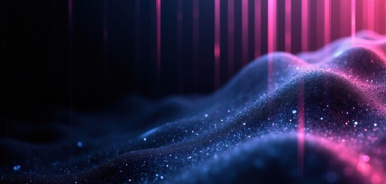 Dark waves shimmer with purple and blue lights. Sparkling particles float in abstract motion. Vertical lines glow with neon pink energy, creating a futuristic vibe.