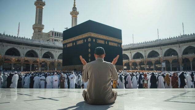 A muslim pilgrim prays in front of the kaaba at the grand mosque during hajj or umrah in mecca
