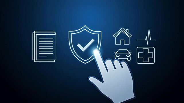 A digital hand selects a shield icon among insurance symbols including home car and health. Concept of protection and risk coverage.