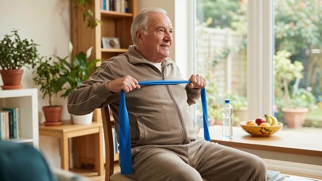 A happy elderly white man exercises with a resistance band while sitting in a bright living room. Concept of senior fitness and healthy aging.
