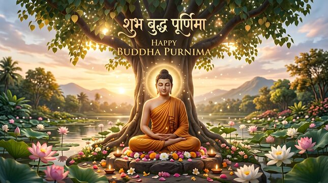 Buddha Purnima Poster with Lotus Buddha Enlightenment Peace Design