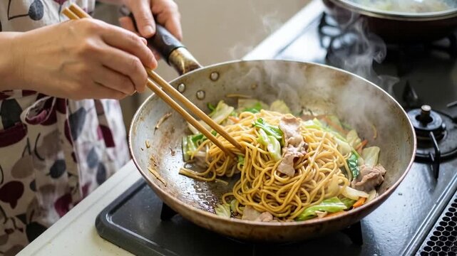 Close view of hands preparing noodles in a hot pan with steam rising in a kitchen environment. Concept of culinary skill and meal preparation.