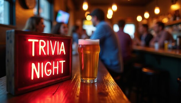 Neon sign says Trivia Night near glass of beer on pub bar counter. People socialize, play game and drink alcohol in a fun relaxed atmosphere.