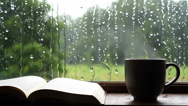 Cozy rainy day scene with open book and coffee mug by window