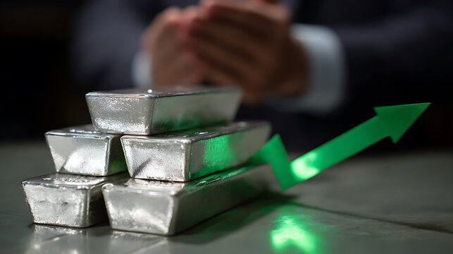 Shiny precious metal ingots stack on table with green arrow indicating growth, symbolizing financial prosperity and market uptrend