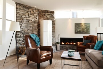 Naklejka premium Modern Living Room With Stone Wall and Fireplace, Stylish Furniture and Natural Light