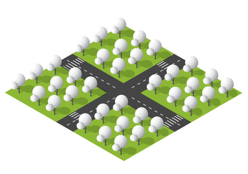 Isometric Road Intersection With Tree-Lined Green Park Blocks, Crosswalks