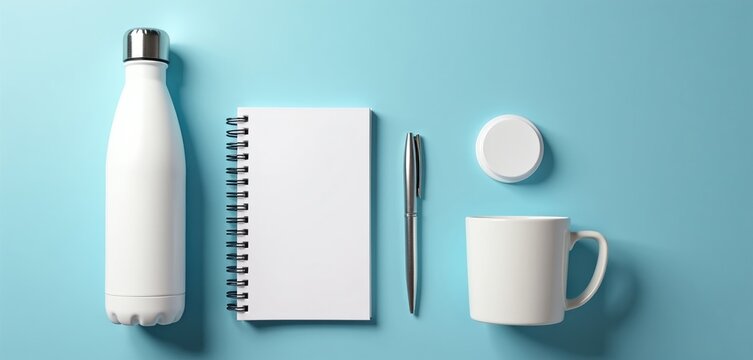Flat lay of white merchandise including water bottle notebook pen and mug on blue backdrop. Items await branding for corporate events or giveaways. Clean studio shot.