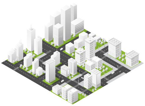 Detailed isometric illustration of a modern urban cityscape showing high-rise buildings, roads, intersections and green neighborhood blocks, ideal for architecture, urban planning, real estate and map