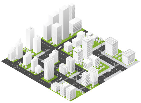 Detailed isometric illustration of a modern urban cityscape showing high-rise buildings, roads, intersections and green neighborhood blocks, ideal for architecture, urban planning, real estate and map
