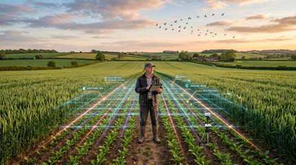 Fototapeta premium Hardworking farmers cultivating organic crops and using digital tools for agriculture.
