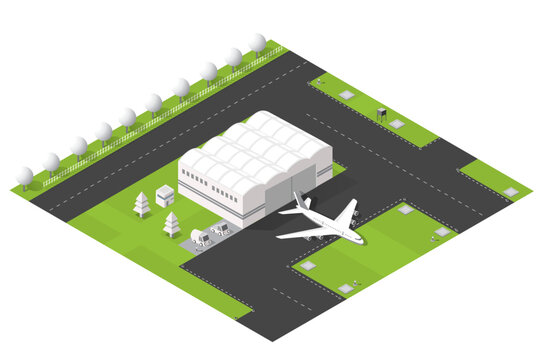 Airport Illustration With Airplane, Hangars, Runway and Fuel Tanks for Aviation