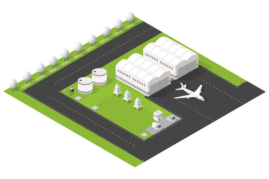 Isometric illustration of an airport area showing a commercial airplane parked by a large hangar, surrounding runways, service vehicles and green landscaping, conveying aviation, transport and logisti