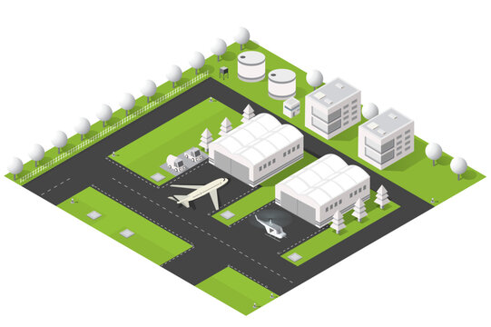 Isometric illustration of an airport area showing runway, two commercial airplanes, hangars, helicopter pad, service vehicles and green landscaping, conveying aviation, travel and logistics concepts.