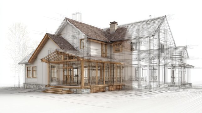 Structural framing of house with architectural design drawing overlay in clear focus